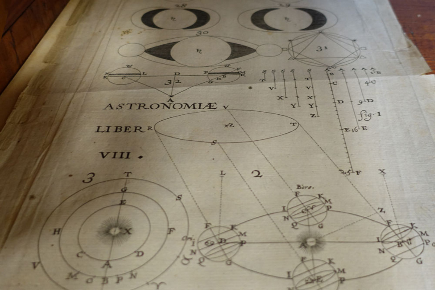 Eine Buchseite mit eingerissenen Seitenrand, auf er Zeichnungen zur Astronomie dargestellt werden.