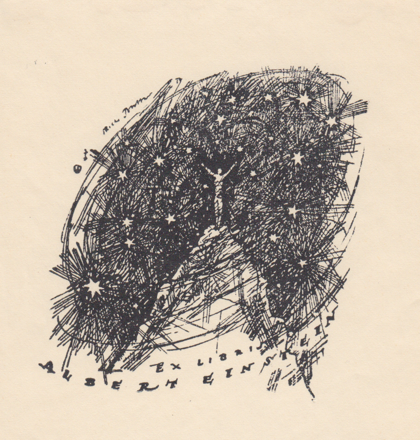 Schwarz-Weiß-Druck: Ein Mensch steht mit erhobenen Armen auf einem Berggipfel, umgeben vom Sternenhimmel. Beschriftung am unteren Rand der Abbildung: Ex Libris Albert Einstein